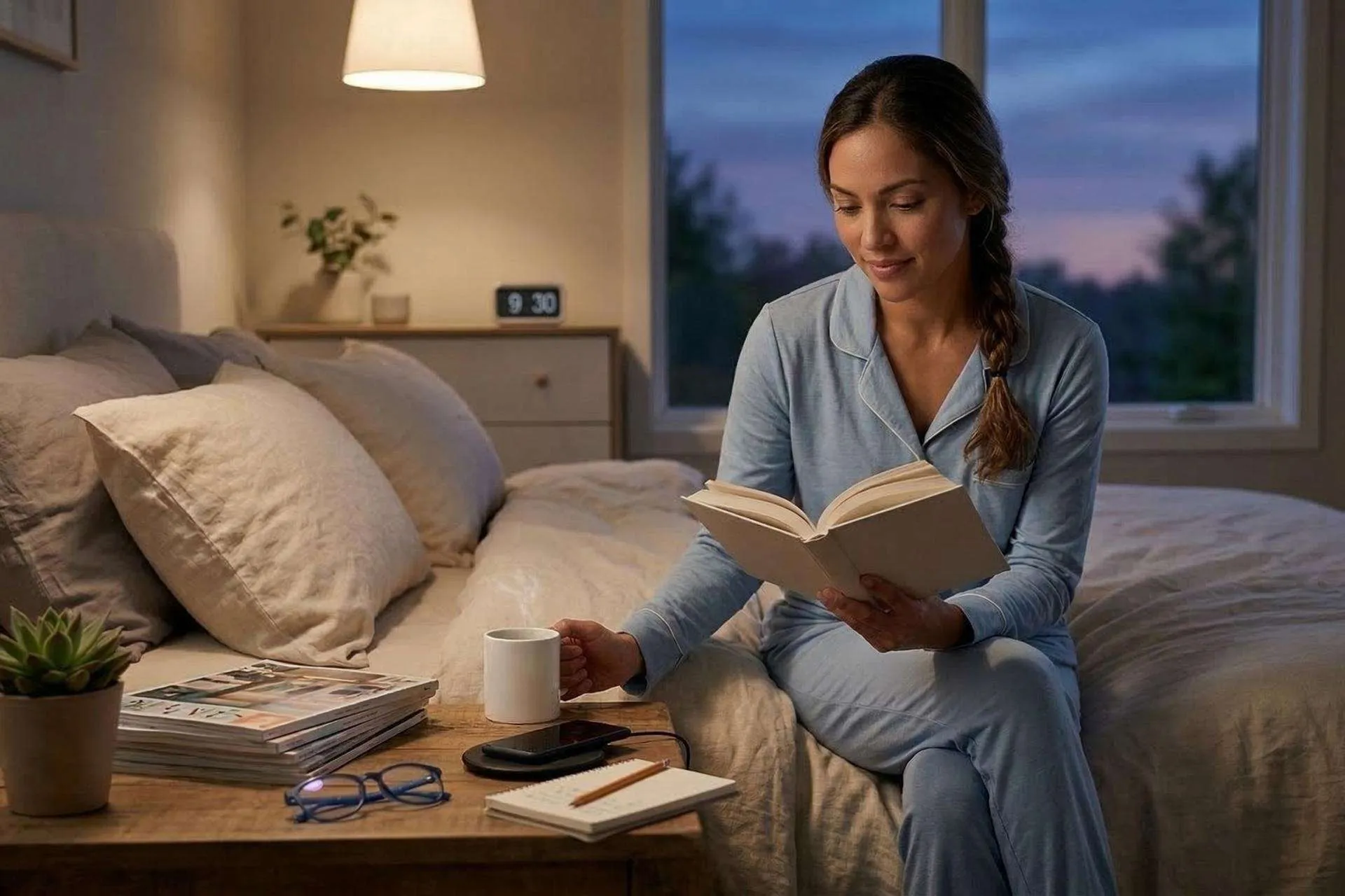 Person writing in a journal beside a dim lamp during an evening wind-down routine